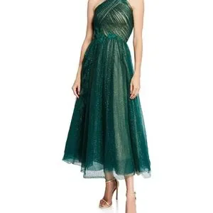 Host Pick Marchesa Notte Shoulder Glittery Tulle Midi Gown w Beaded Floral